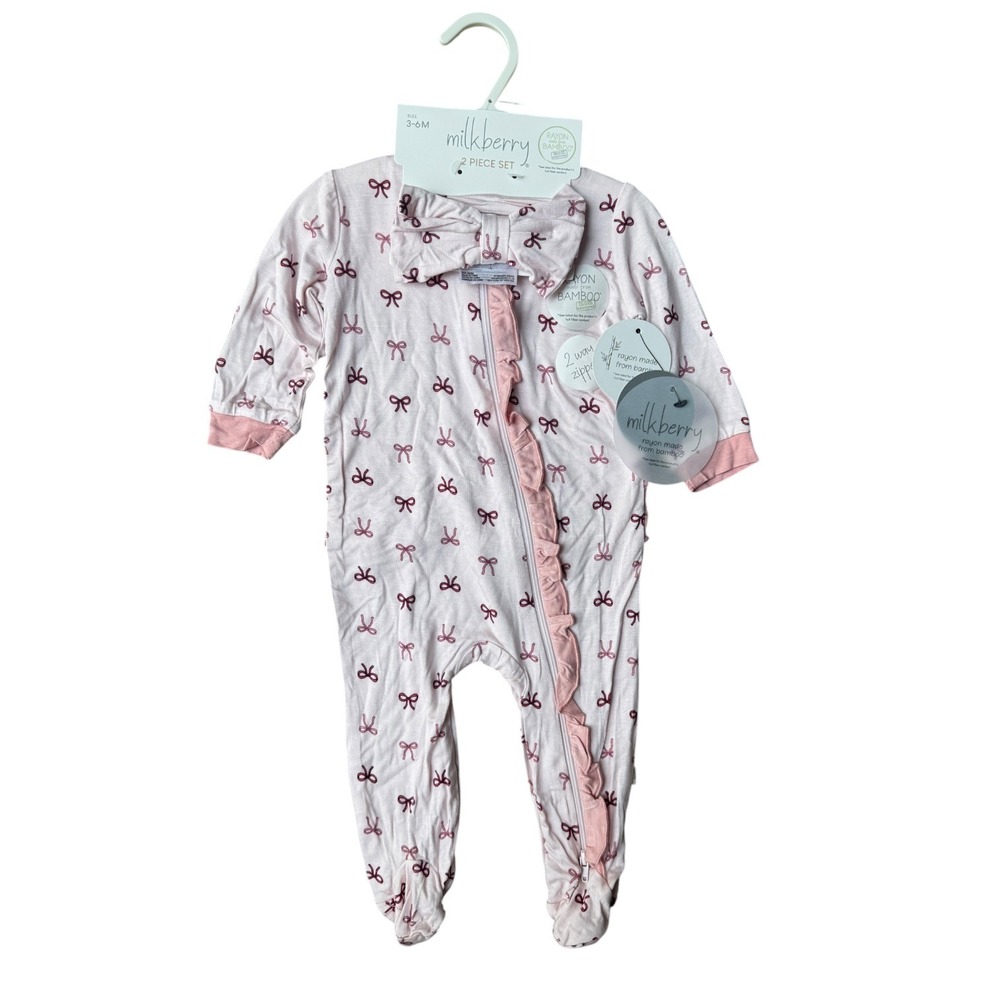 NWT Milkberry Pink Bow Bamboo Rayon Ruffle Footie Sleeper & Headband Set 3-6M